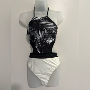 Enjoue one piece Black, White, Cream palm tree print swimsuit
